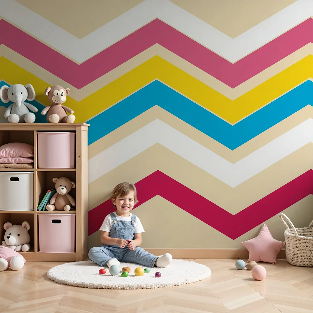 Tapet barnerom | Fargerike zigzags i rosa, gul og blått på beige bakgrunn