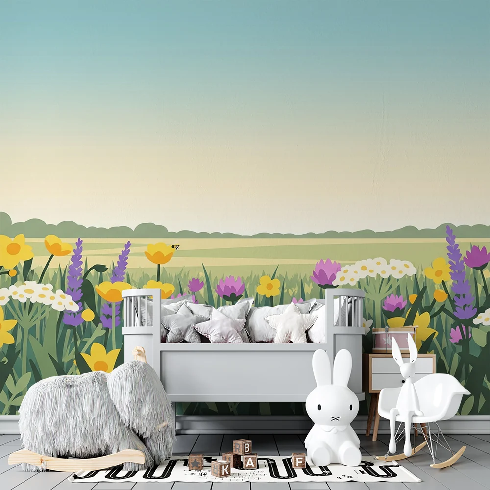 Tapet barnerom | Fargerikt blomsterfelt med ville blomster og blå himmel