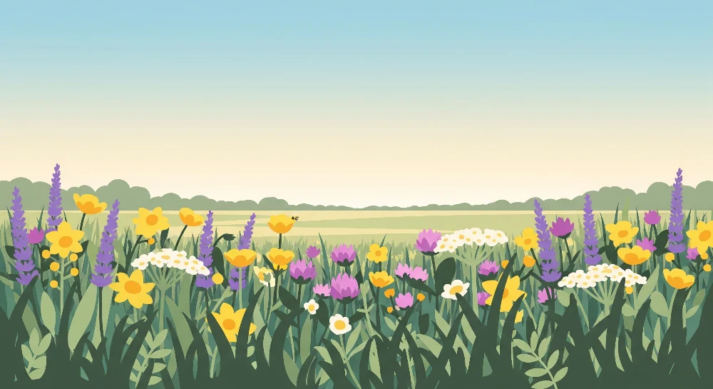 Tapet barnerom | Fargerikt blomsterfelt med ville blomster og blå himmel