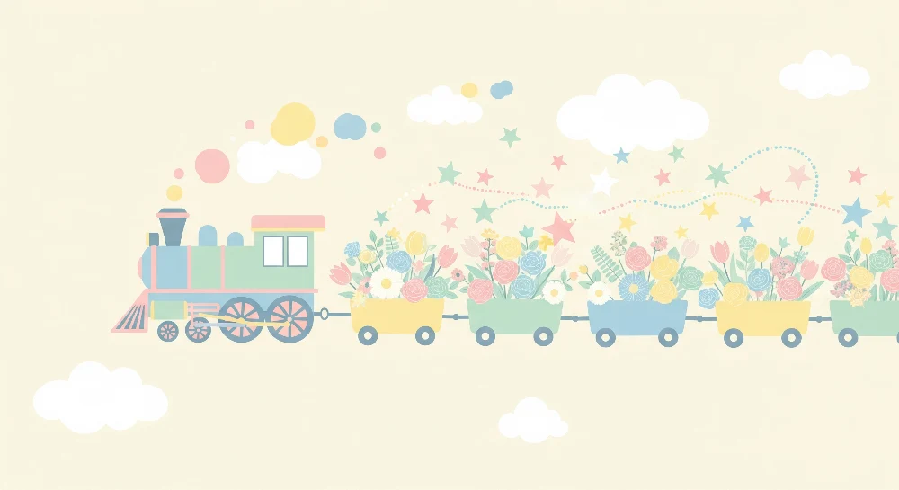 Tapet barnerom | Fargerikt tog som transporterer blomster og stjerner