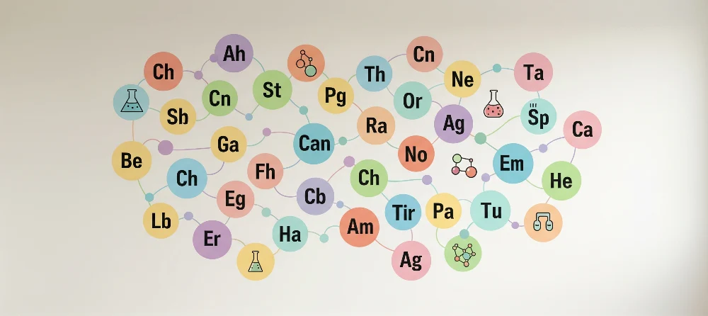 Tapet barnerom | Fargerikt vitenskapelig univers med symboler og kjemiske elementer