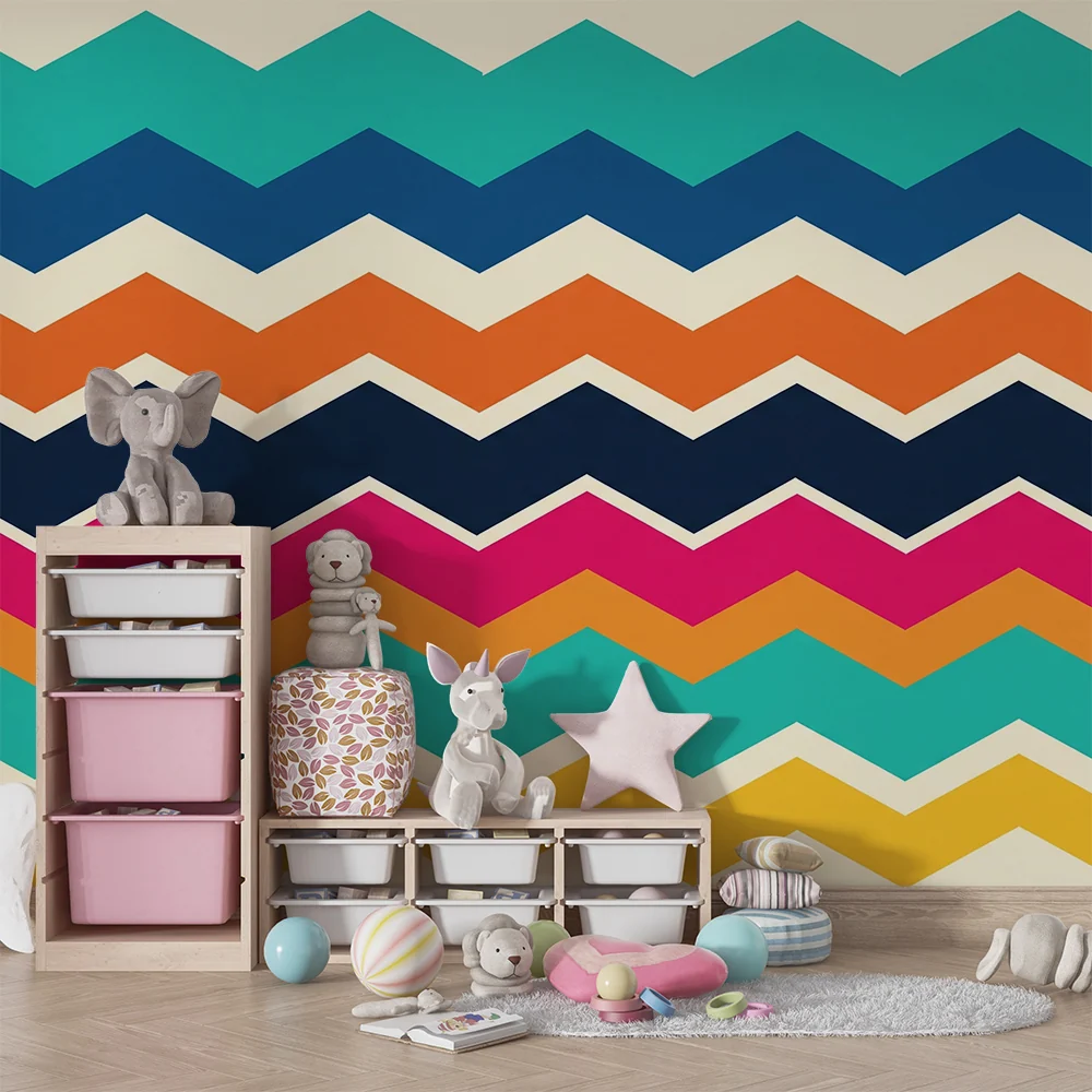 Tapet barnerom | Fargerikt zigzag-mønster i blått, orange og rosa