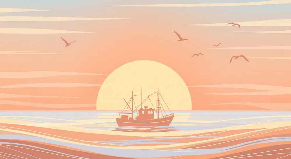 Tapet barnerom | Fiskebåt ved solnedgang på en rolig sjø