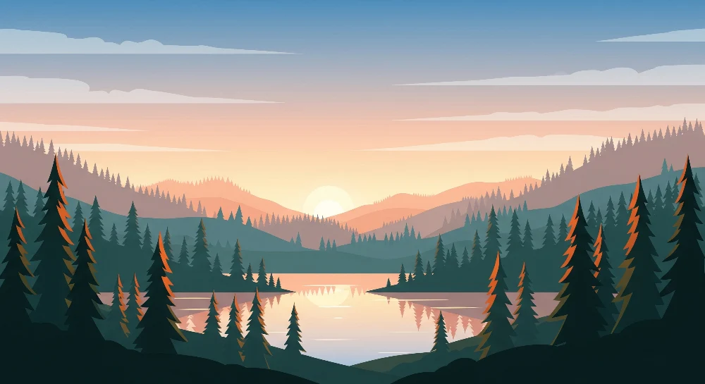 Tapet barnerom | Fjellandskap med innsjø og solnedgang