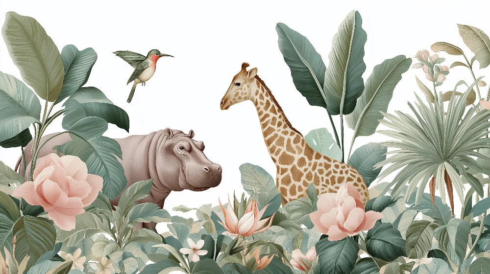 Tapet barnerom | Flodhest og giraff midt i den blomstrende jungelen