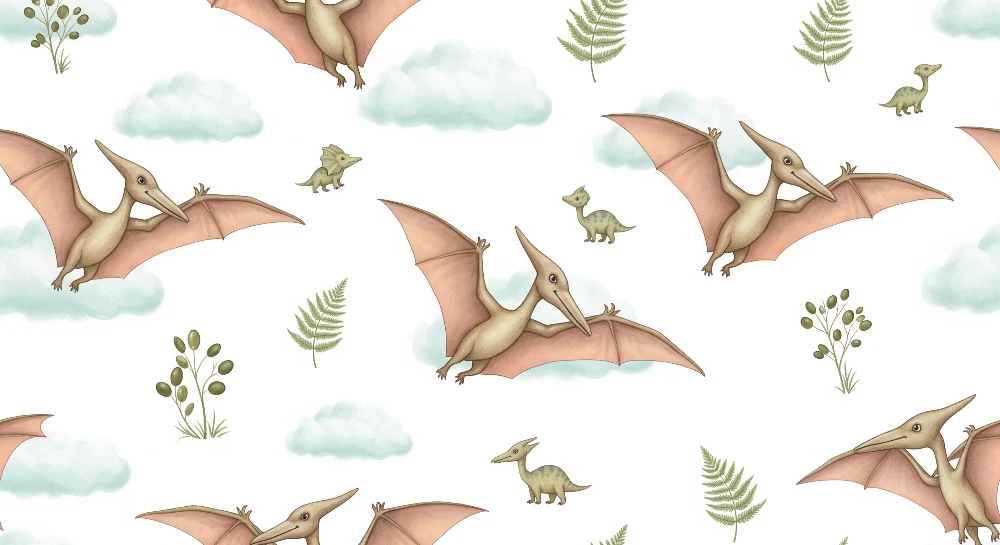 Tapet barnerom | Flyvende dinosaurer og myke skyer i et lekent miljø