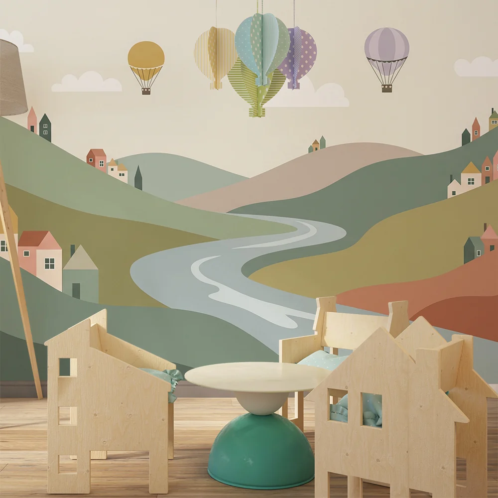 Tapet barnerom | Fortryllende landskap med fargerike hus og luftballonger