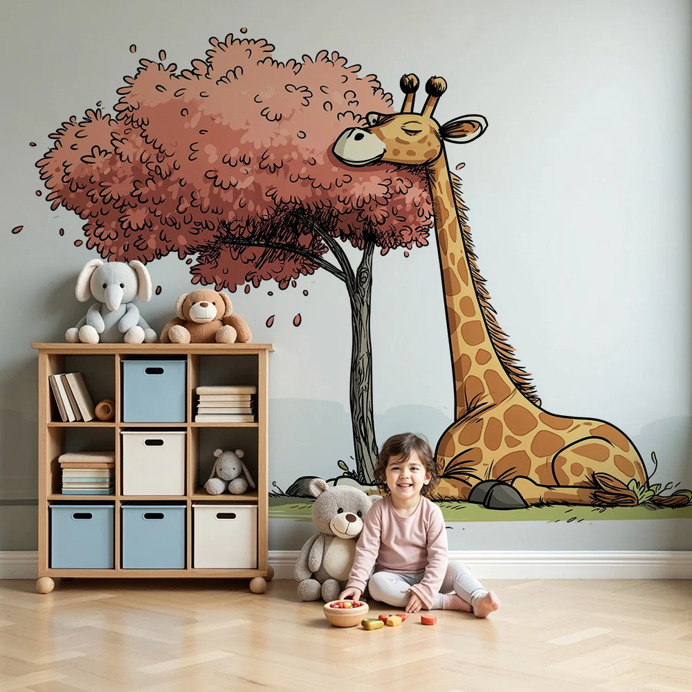 Tapet barnerom | Fredelig giraff under et rosa tre