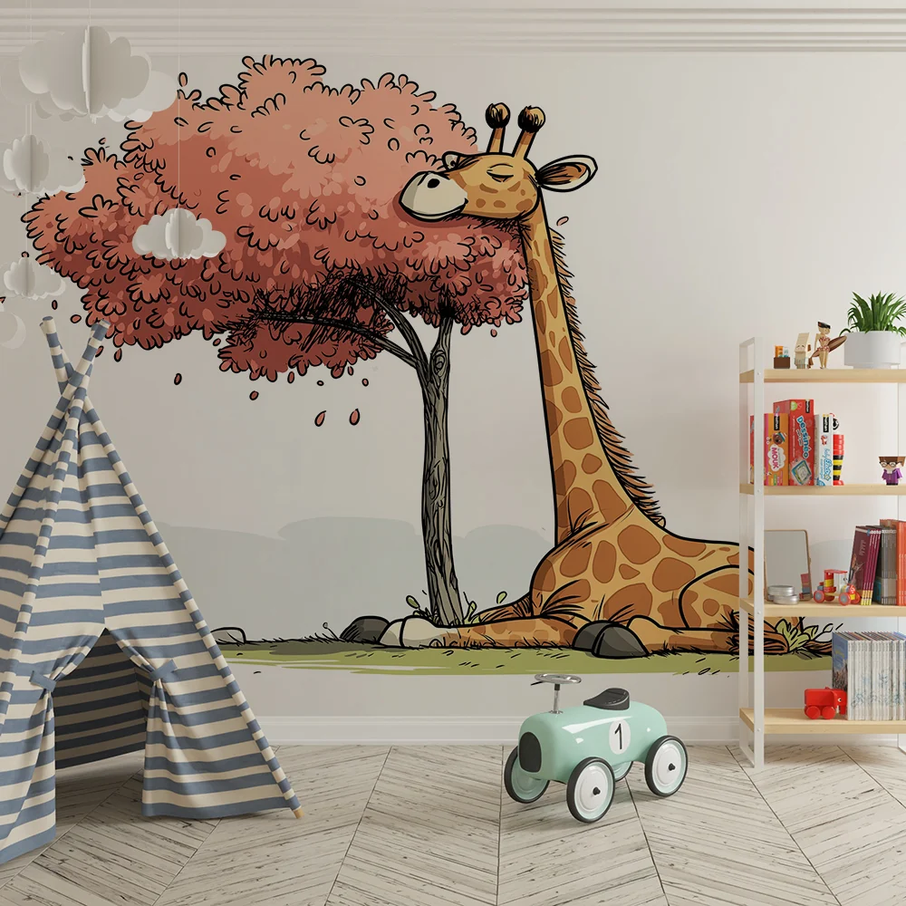 Tapet barnerom | Fredelig giraff under et rosa tre