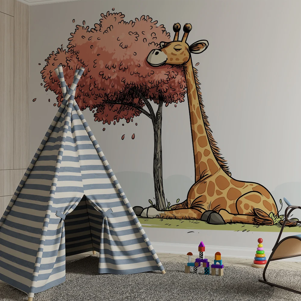 Tapet barnerom | Fredelig giraff under et rosa tre