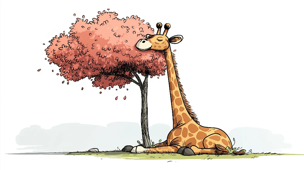 Tapet barnerom | Fredelig giraff under et rosa tre