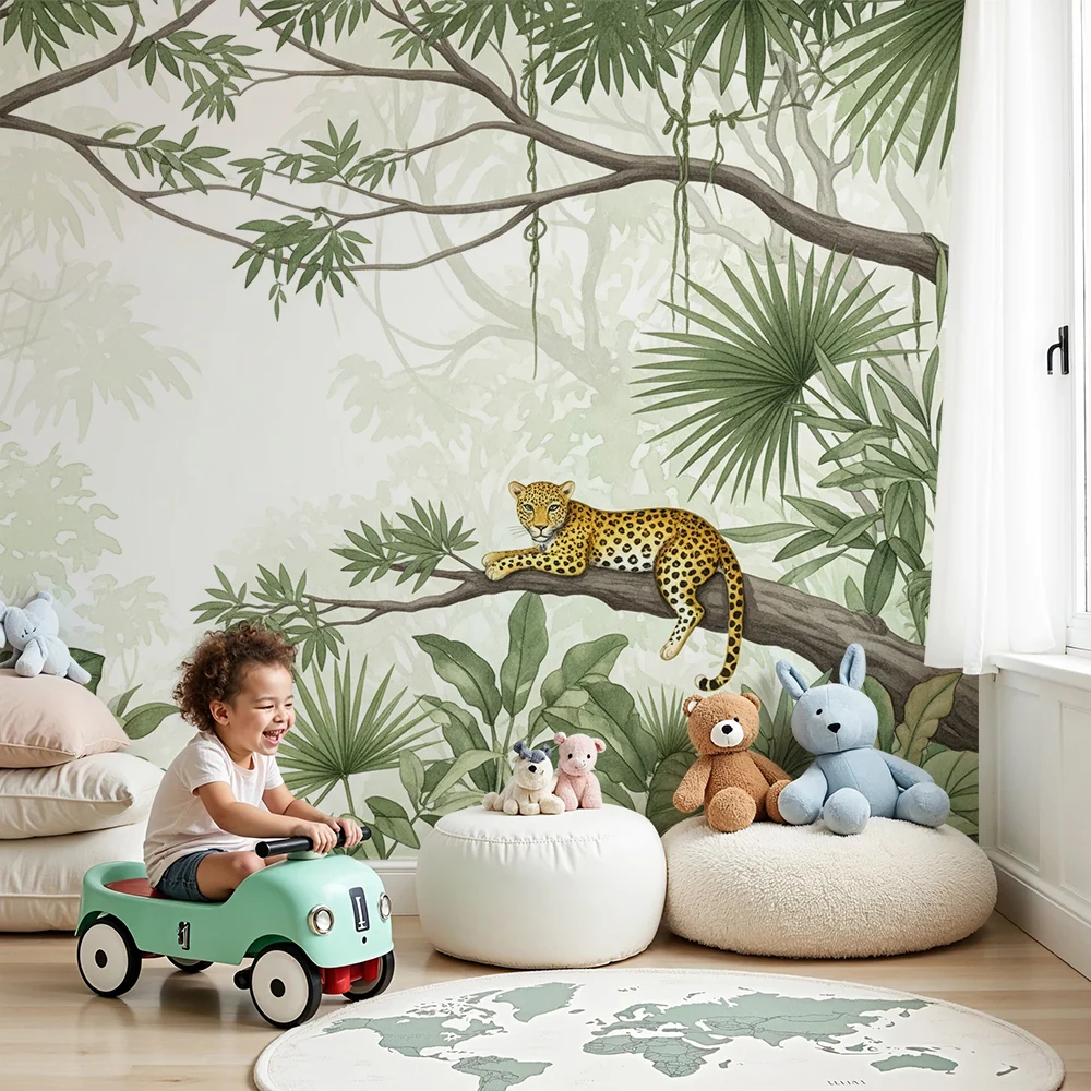 Tapet barnerom | Fredelig leopard i en frodig jungel