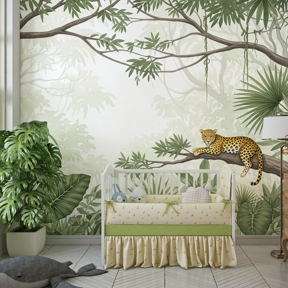 Tapet barnerom | Fredelig leopard i en frodig jungel