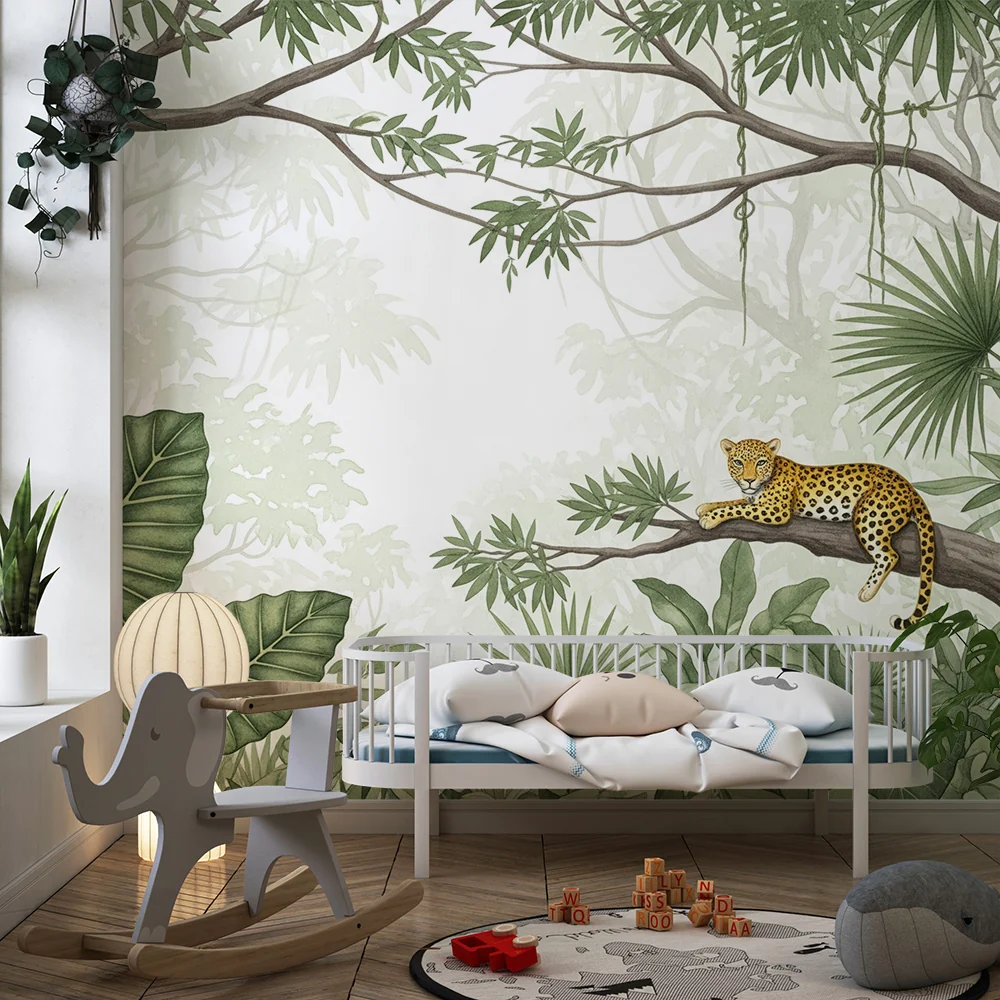 Tapet barnerom | Fredelig leopard i en frodig jungel