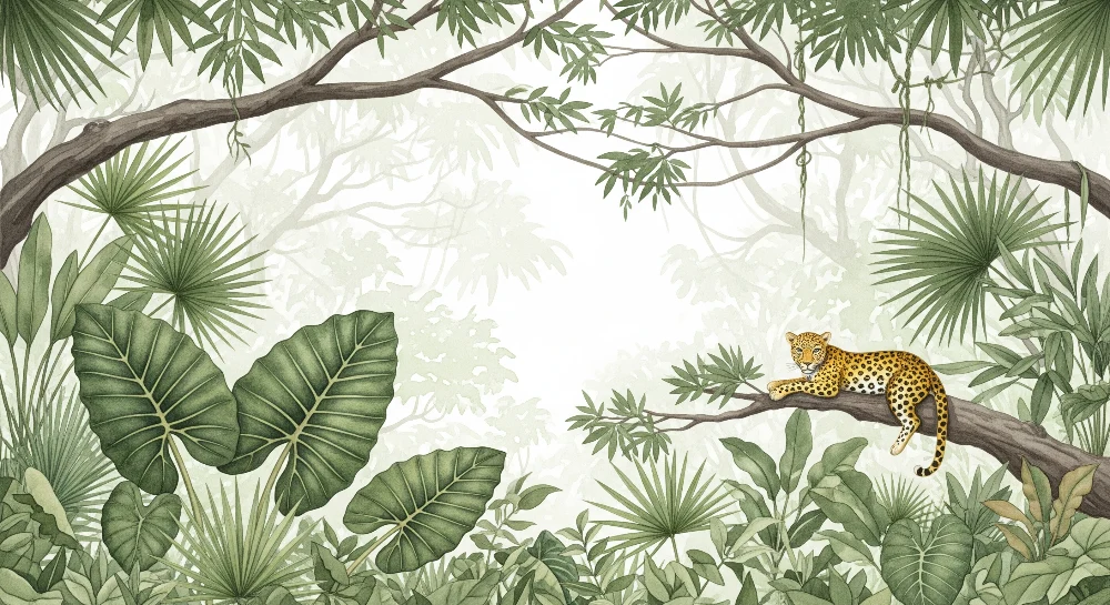 Tapet barnerom | Fredelig leopard i en frodig jungel