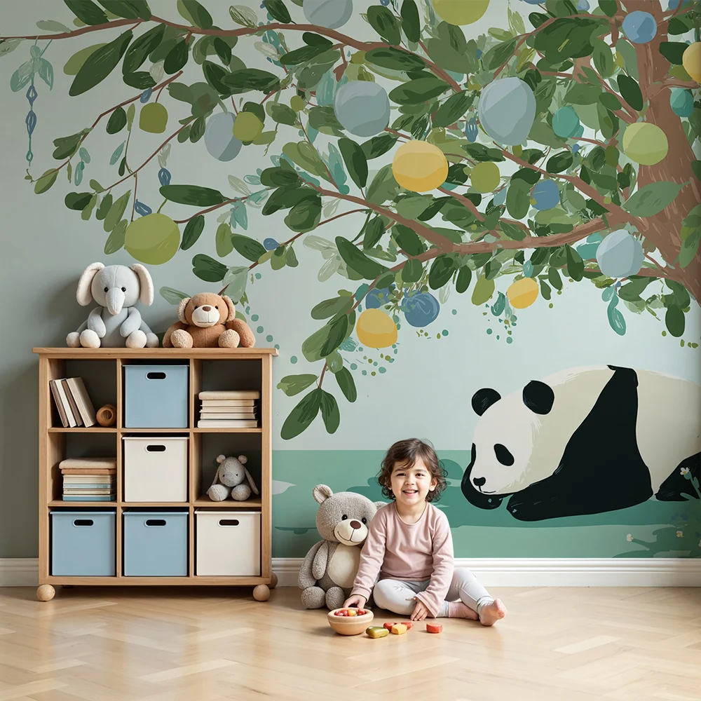 Tapet barnerom | Fredelig panda under et fargerikt fruktetre
