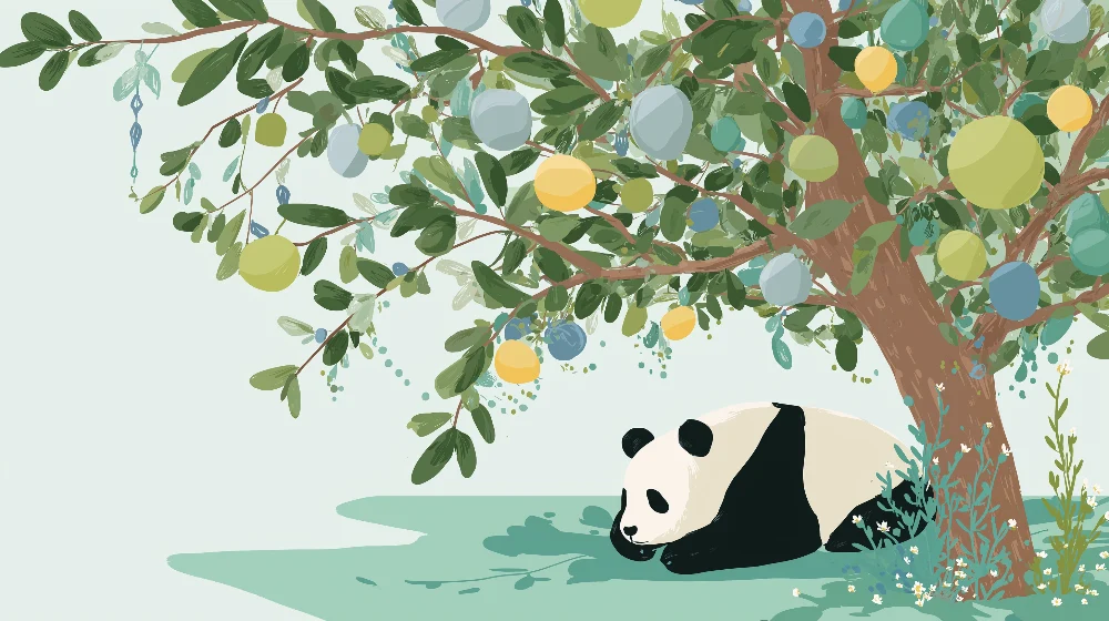 Tapet barnerom | Fredelig panda under et fargerikt fruktetre