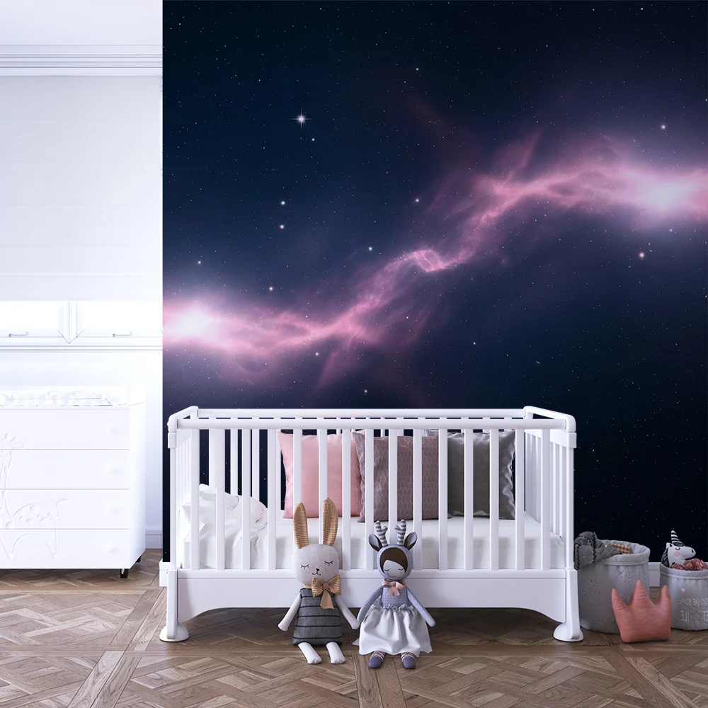Tapet barnerom | Galaktisk univers med rosa tåke og skinnende stjerner