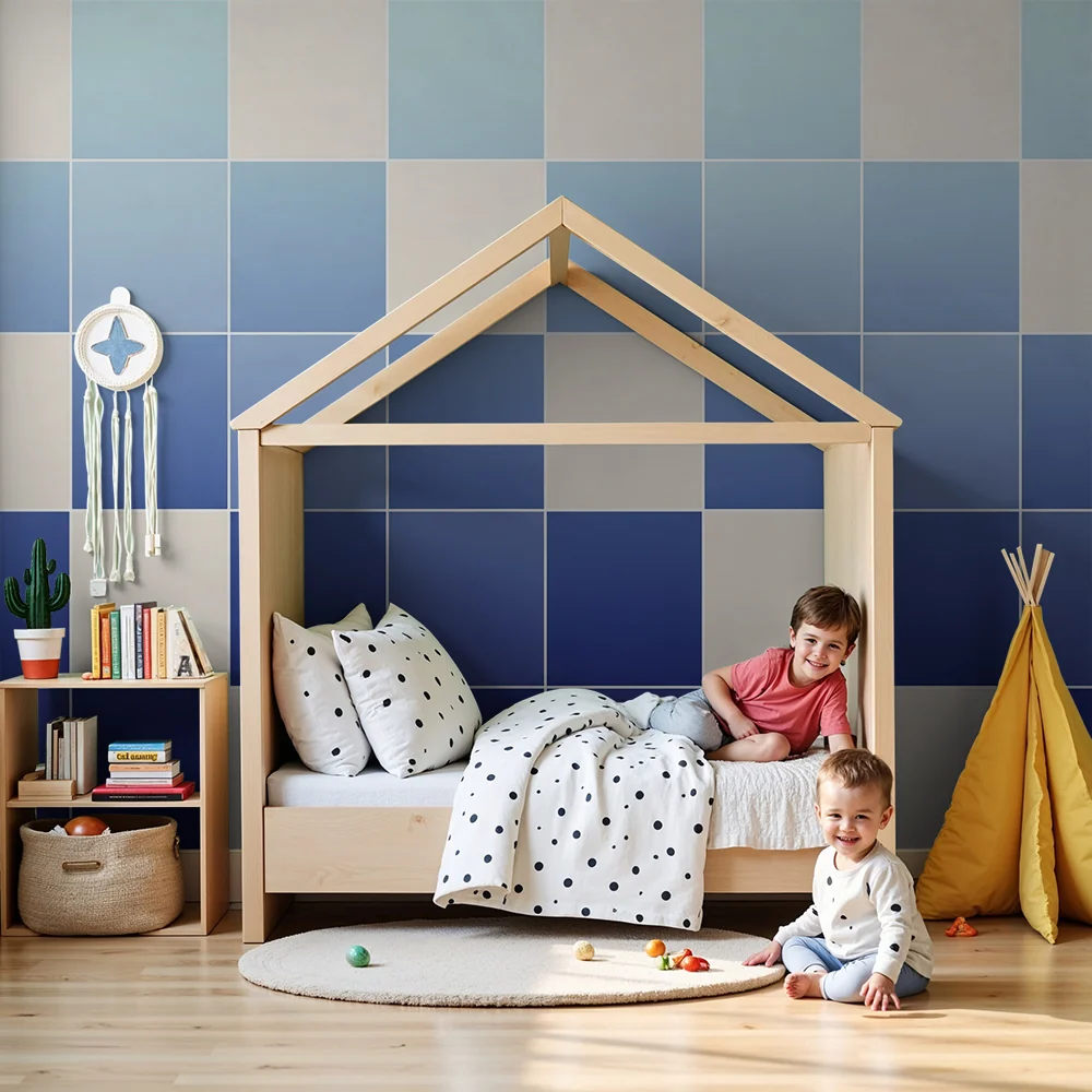 Tapet barnerom | Geometrisk gradient blått og hvitt mønster