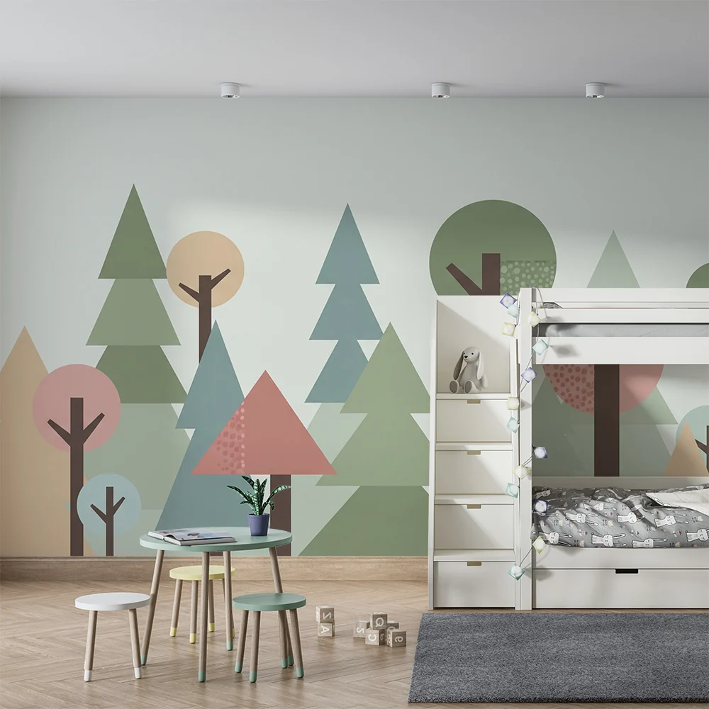 Tapet barnerom | Geometrisk skog i myke farger