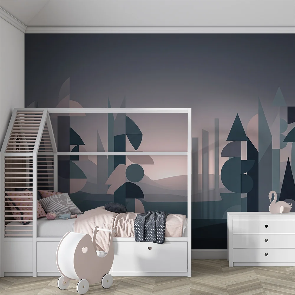 Tapet barnerom | Geometrisk skog i nyanser av blått og rosa