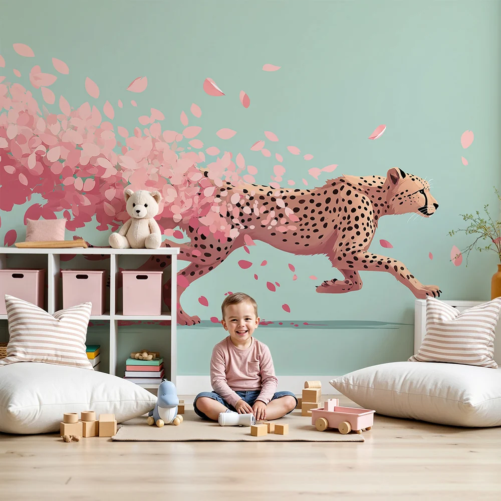 Tapet barnerom | Gepard løper med rosa blomsterblader