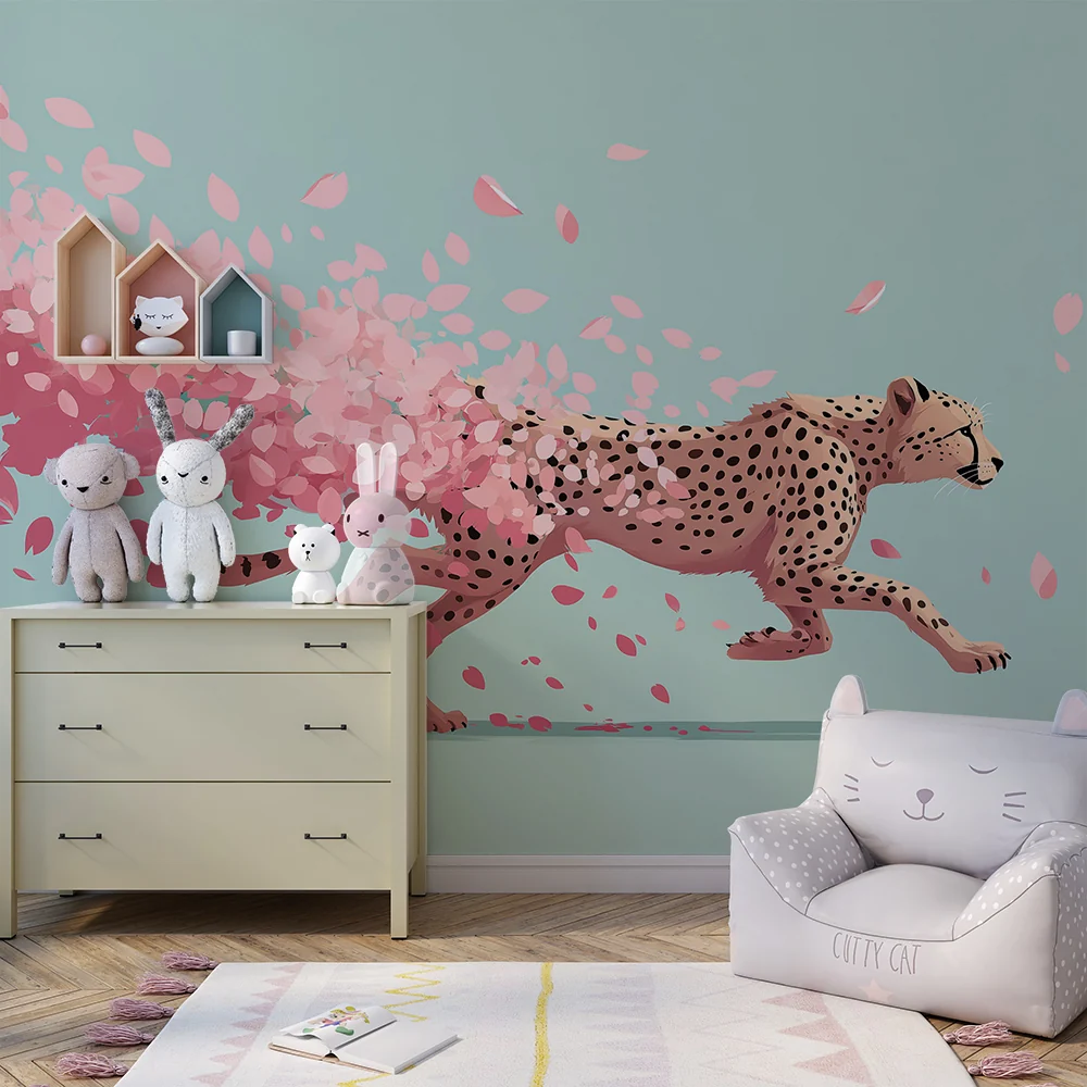 Tapet barnerom | Gepard løper med rosa blomsterblader