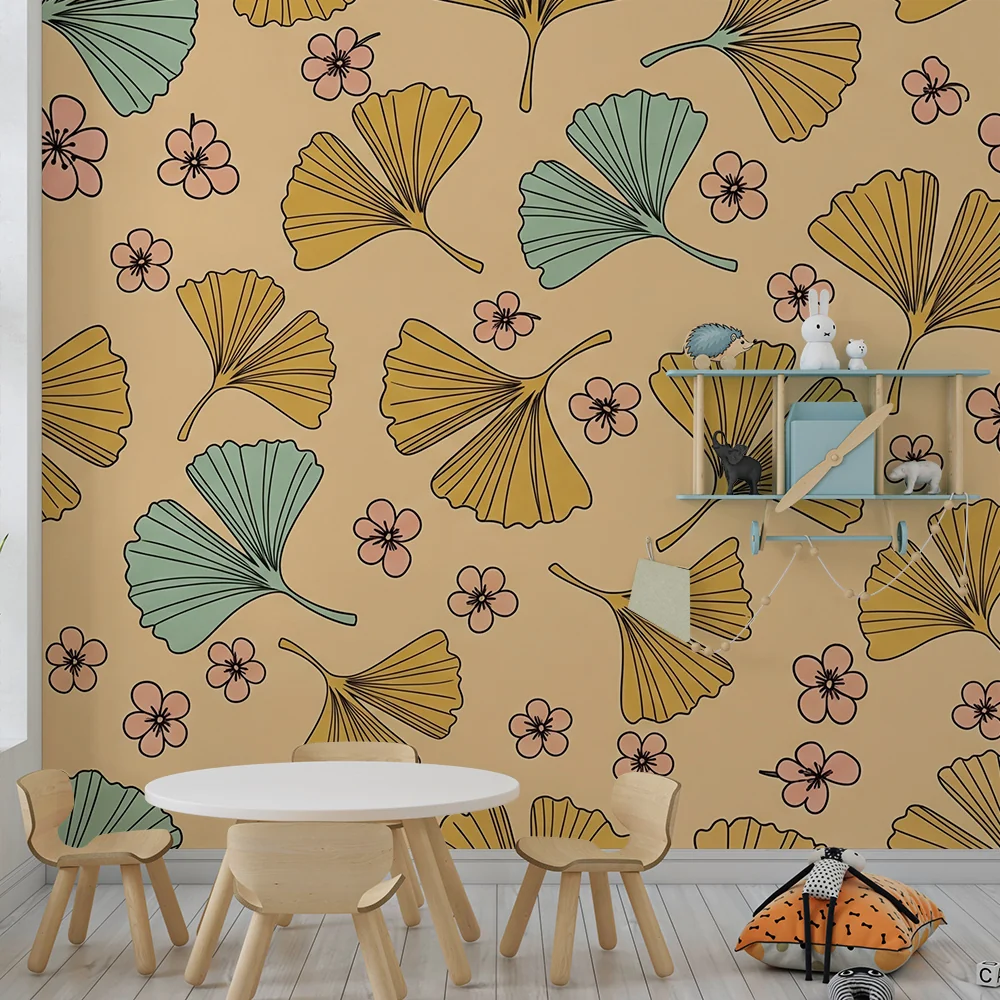 Tapet barnerom | Ginkgoblader og delikate blomster på pastellbakgrunn
