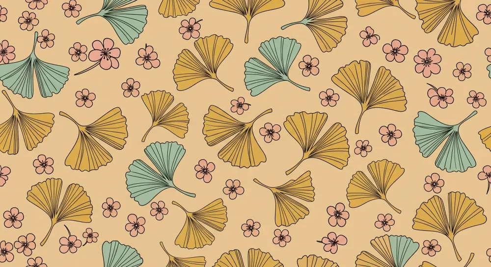 Tapet barnerom | Ginkgoblader og delikate blomster på pastellbakgrunn