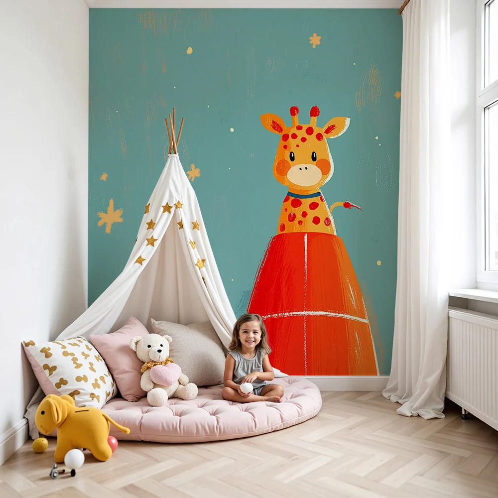 Tapet barnerom | Giraff astronaut i en fargerik rakett under en stjernehimmel