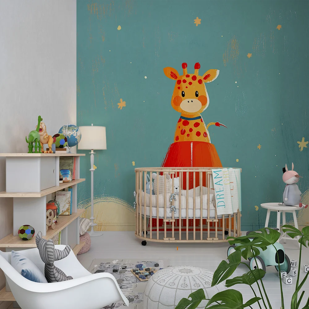 Tapet barnerom | Giraff astronaut i en fargerik rakett under en stjernehimmel