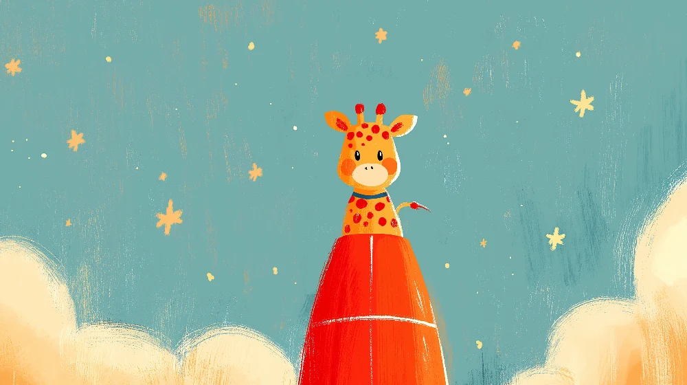 Tapet barnerom | Giraff astronaut i en fargerik rakett under en stjernehimmel