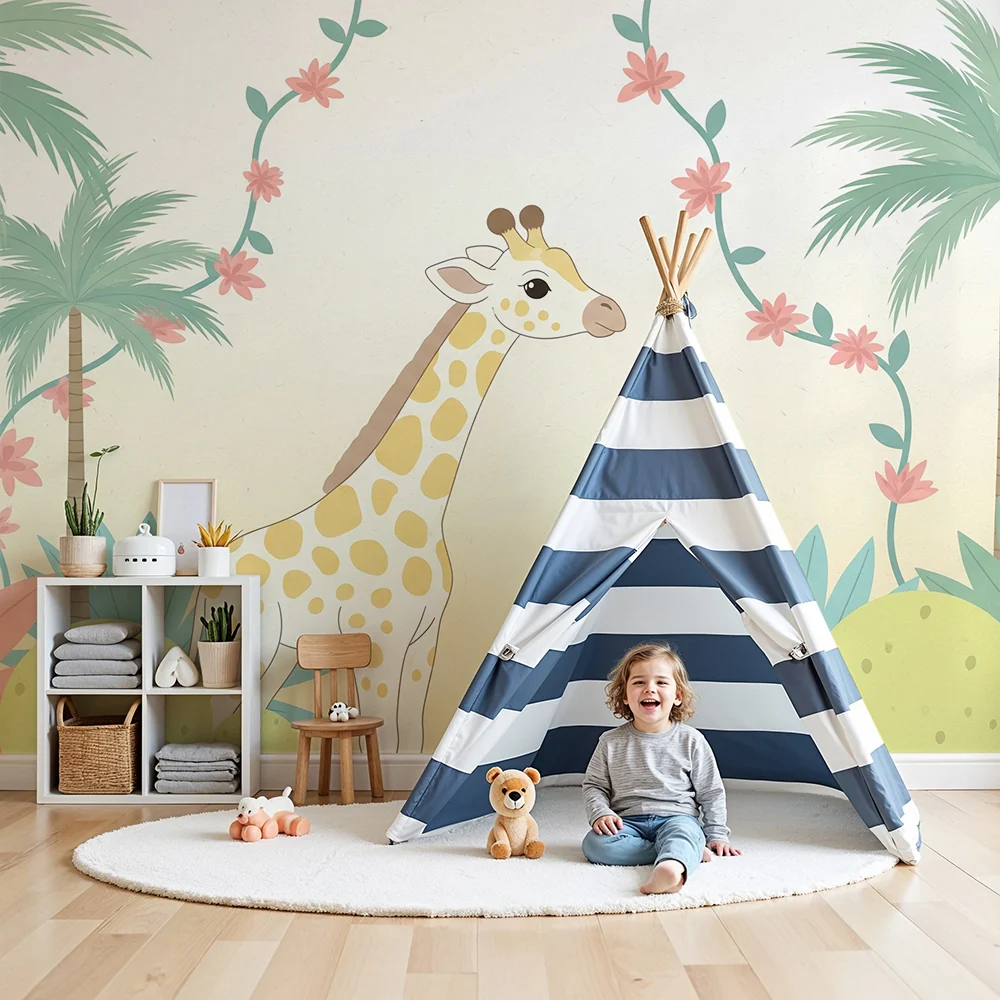 Tapet barnerom | Søt giraff midt blant palmetrær og tropiske blomster