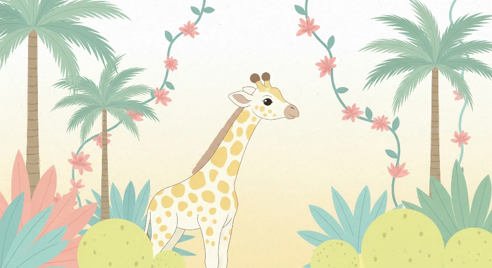 Tapet barnerom | Søt giraff midt blant palmetrær og tropiske blomster
