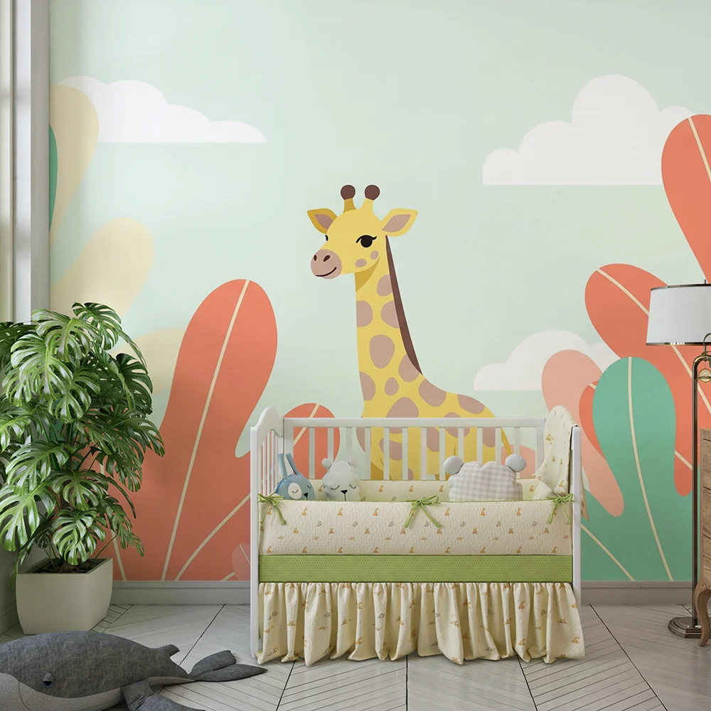 Tapet barnerom | Giraff midt i store fargerike blader