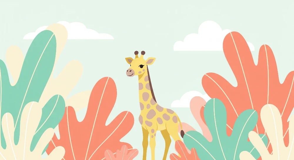 Tapet barnerom | Giraff midt i store fargerike blader
