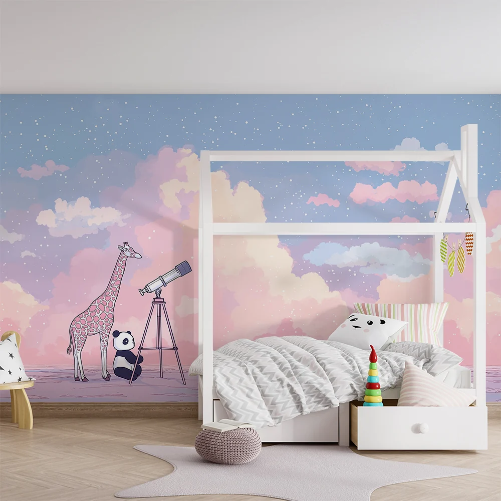 Tapet barnerom | Giraff og panda under en stjerneklar himmel