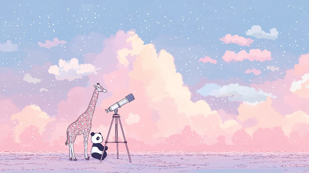 Tapet barnerom | Giraff og panda under en stjerneklar himmel