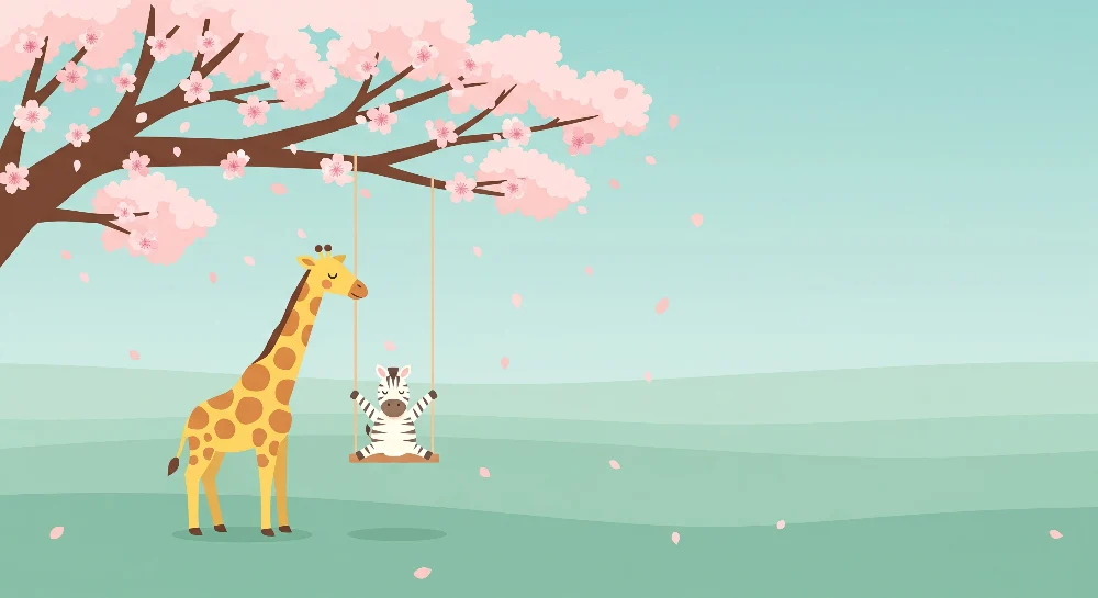 Tapet barnerom | Giraff og sebra under et blomstrende kirsebærtre