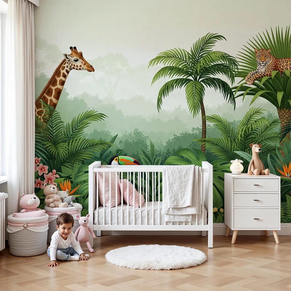 Tapet barnerom | Giraffe, leopard og tukan i en frodig jungel