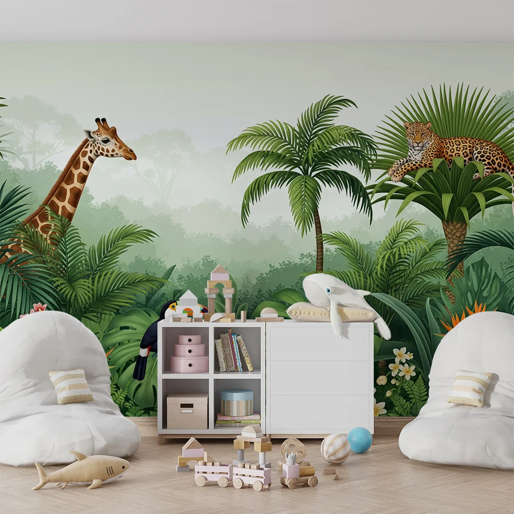 Tapet barnerom | Giraffe, leopard og tukan i en frodig jungel