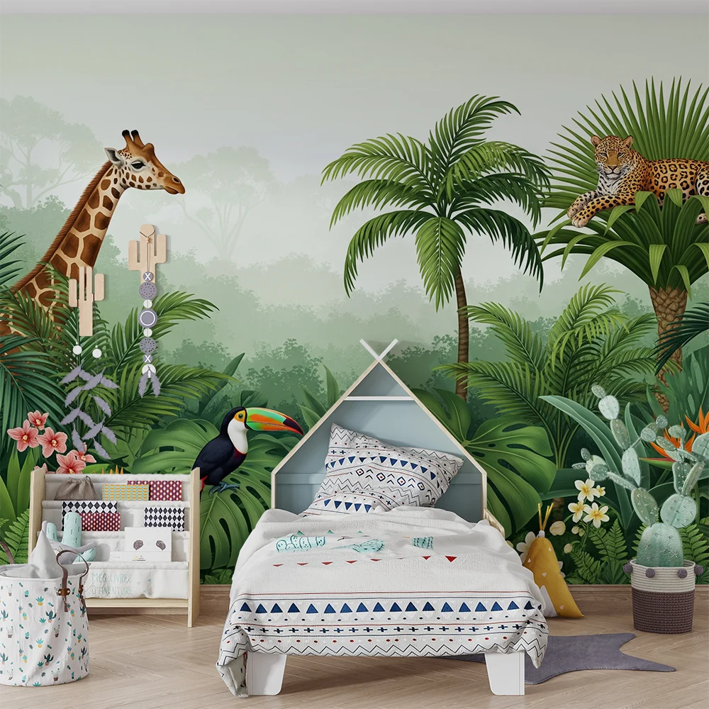 Tapet barnerom | Giraffe, leopard og tukan i en frodig jungel
