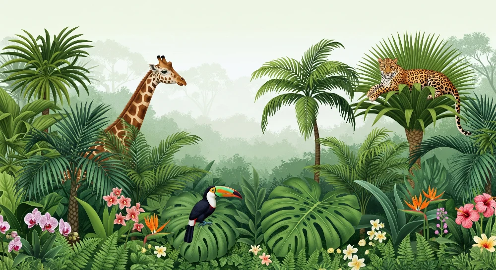 Tapet barnerom | Giraffe, leopard og tukan i en frodig jungel