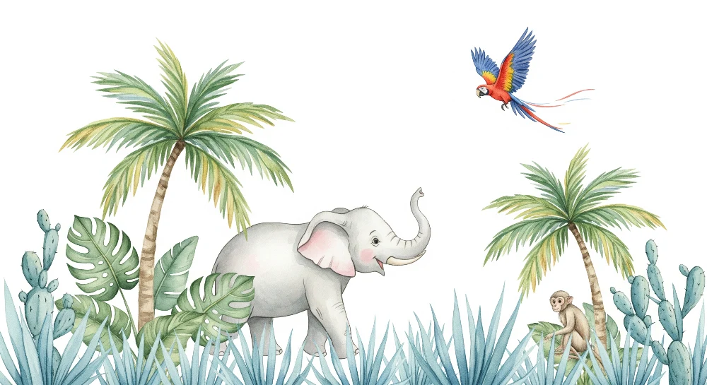 Tapet barnerom | Glad elefant og fargerik jungel med papegøye og ape