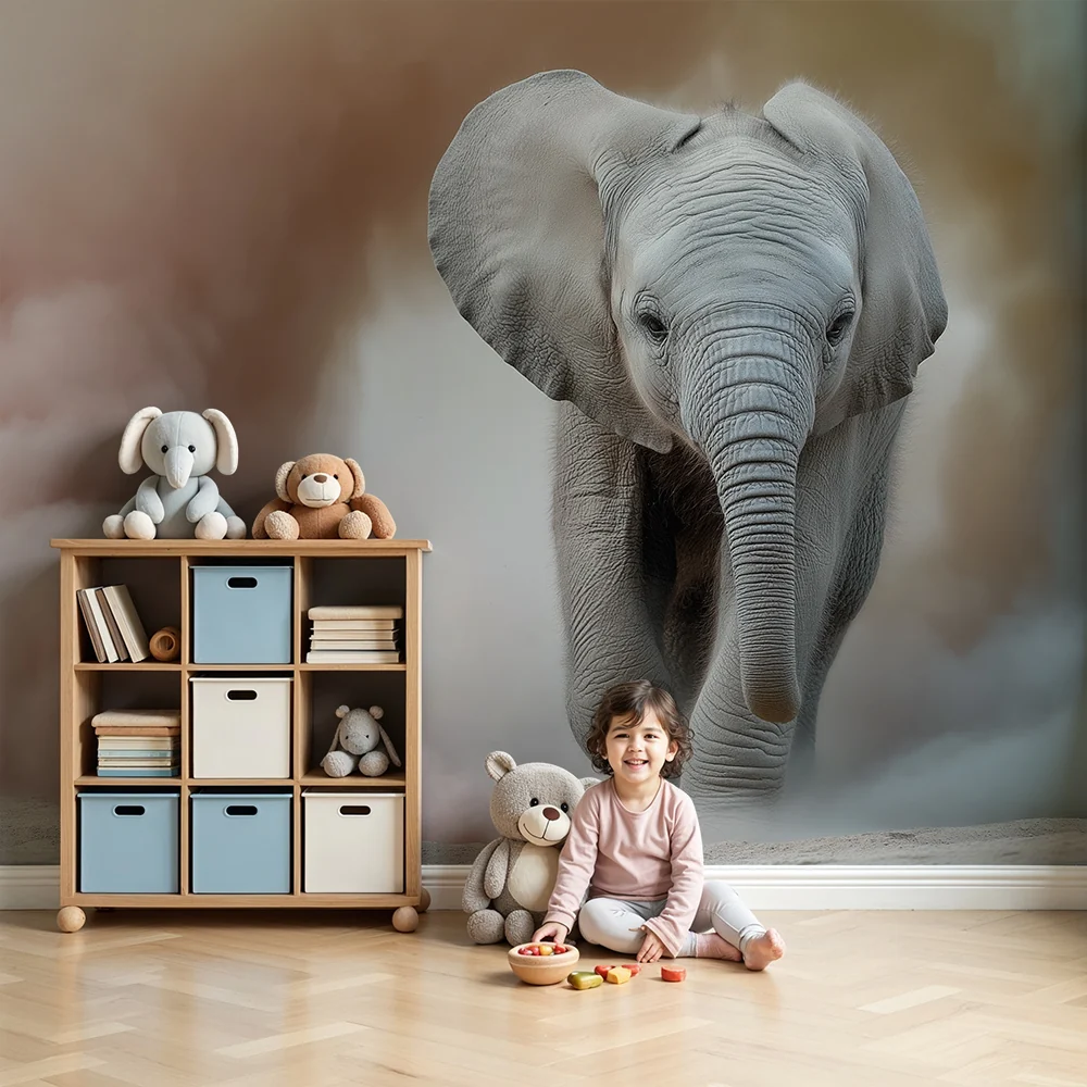 Tapet barnerom | Glad elefant midt i fargerike skyer