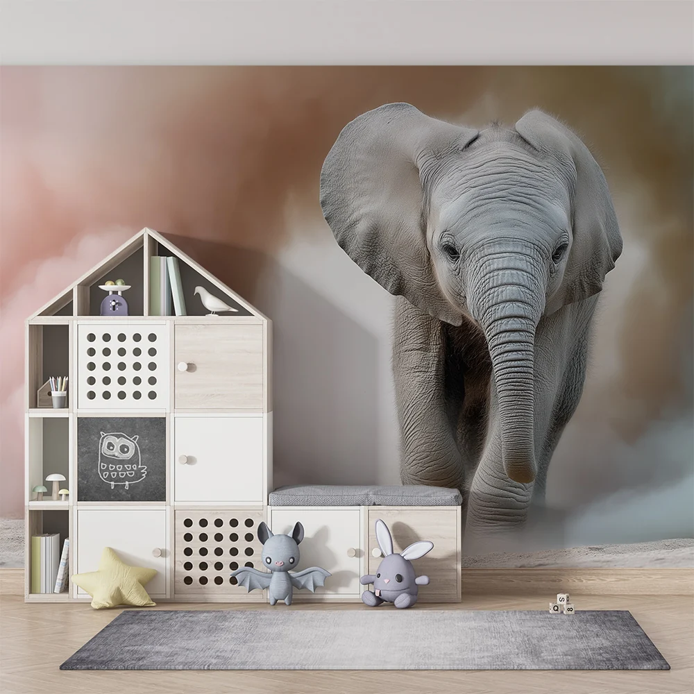 Tapet barnerom | Glad elefant midt i fargerike skyer