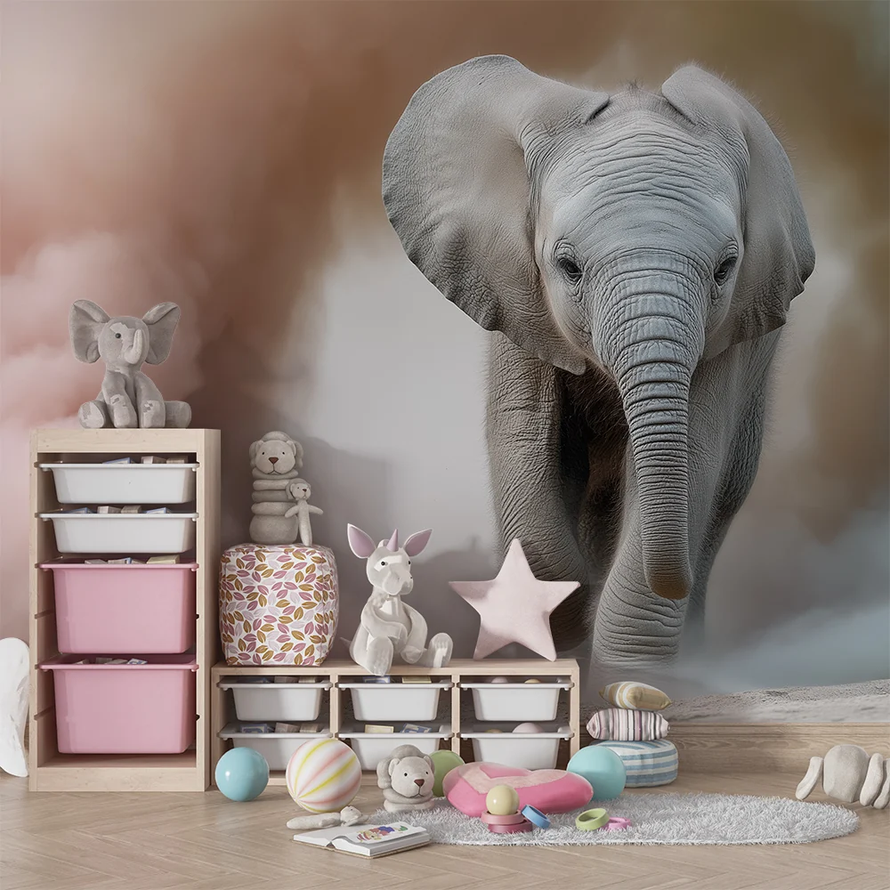 Tapet barnerom | Glad elefant midt i fargerike skyer