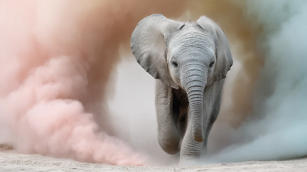 Tapet barnerom | Glad elefant midt i fargerike skyer