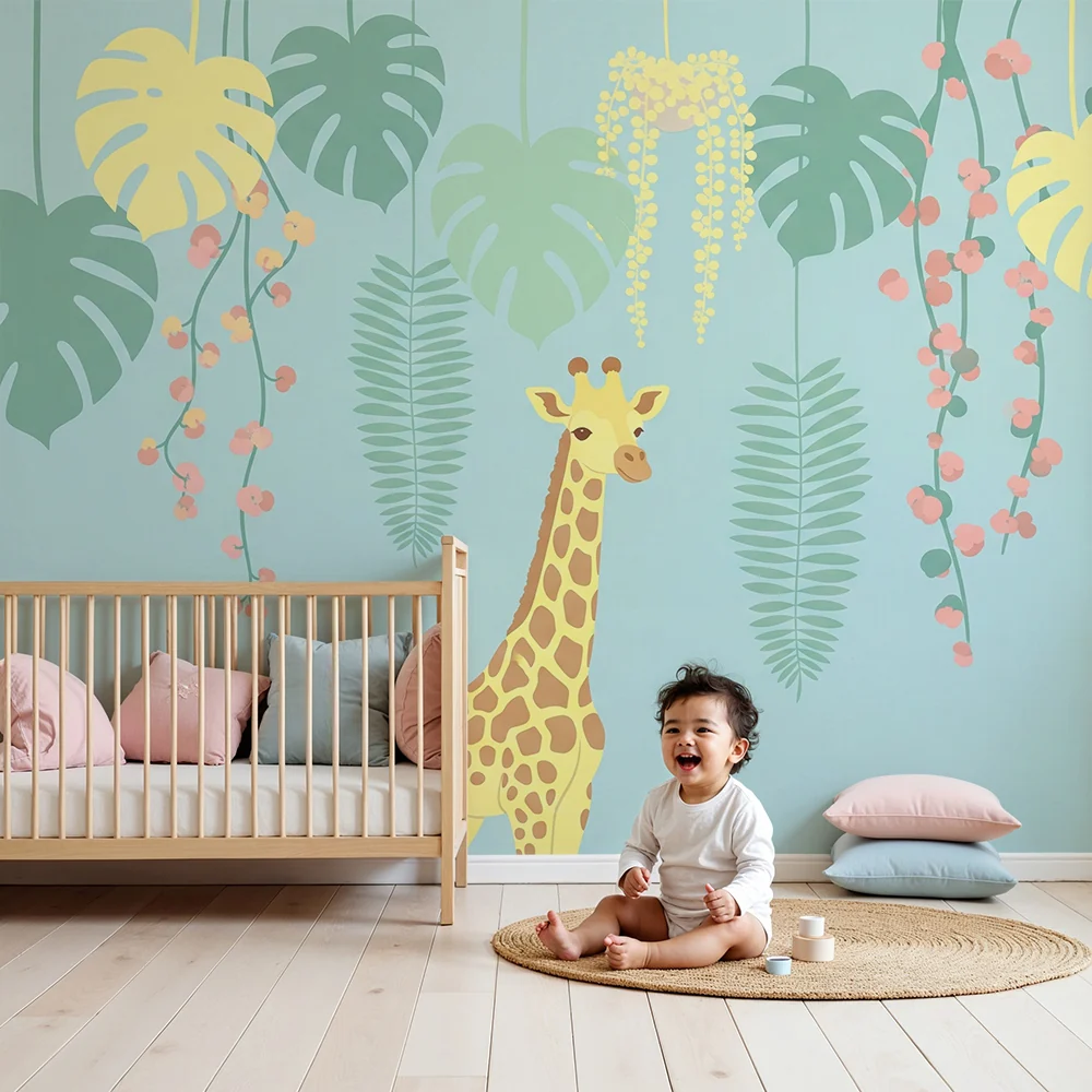Tapet barnerom | Glad giraff midt i fargerike blader