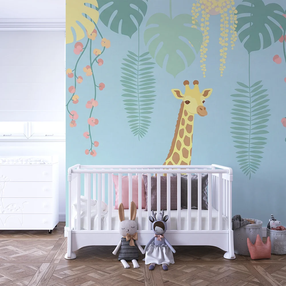 Tapet barnerom | Glad giraff midt i fargerike blader